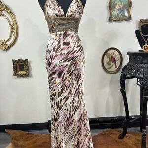 Dave & Johnny Animal Print Halter Maxi Dress Gold Beaded Evening Gown